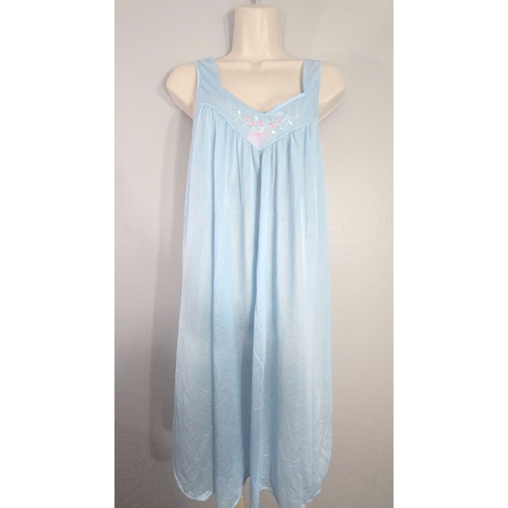 CARRIAGE COURT vintage Blue Floral Satin Nightgown sleepwear Tank size Large